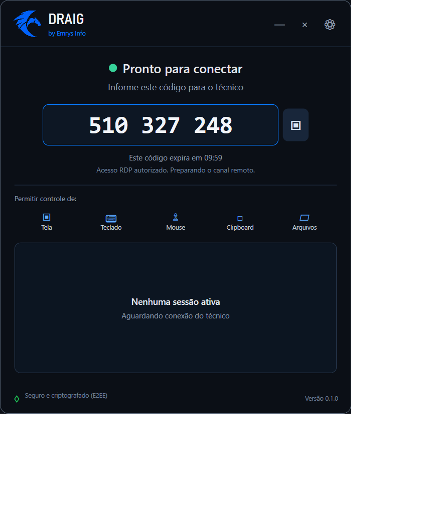 Tela do Draig Client com código temporário de acesso